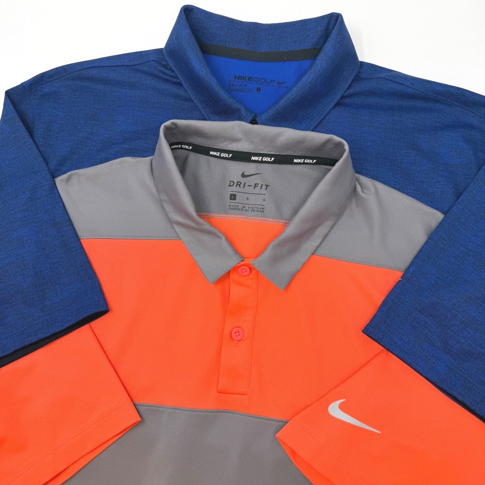 Nike Golf Dri-FIT Polo Shirts Lot of‎ 2 Mens Large Blue Grey Orange Colorblock